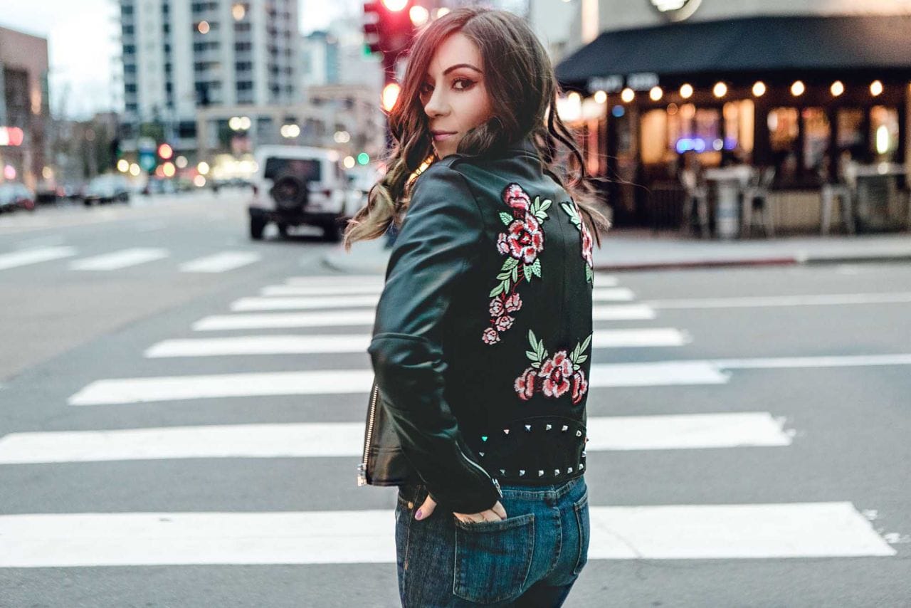 Floral Print Embroidery Biker Style Leather Jacket