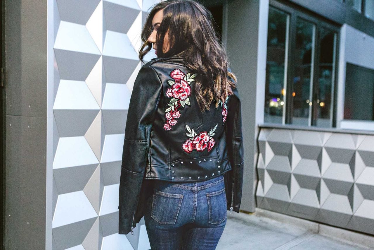 Floral studded leather outlet jacket