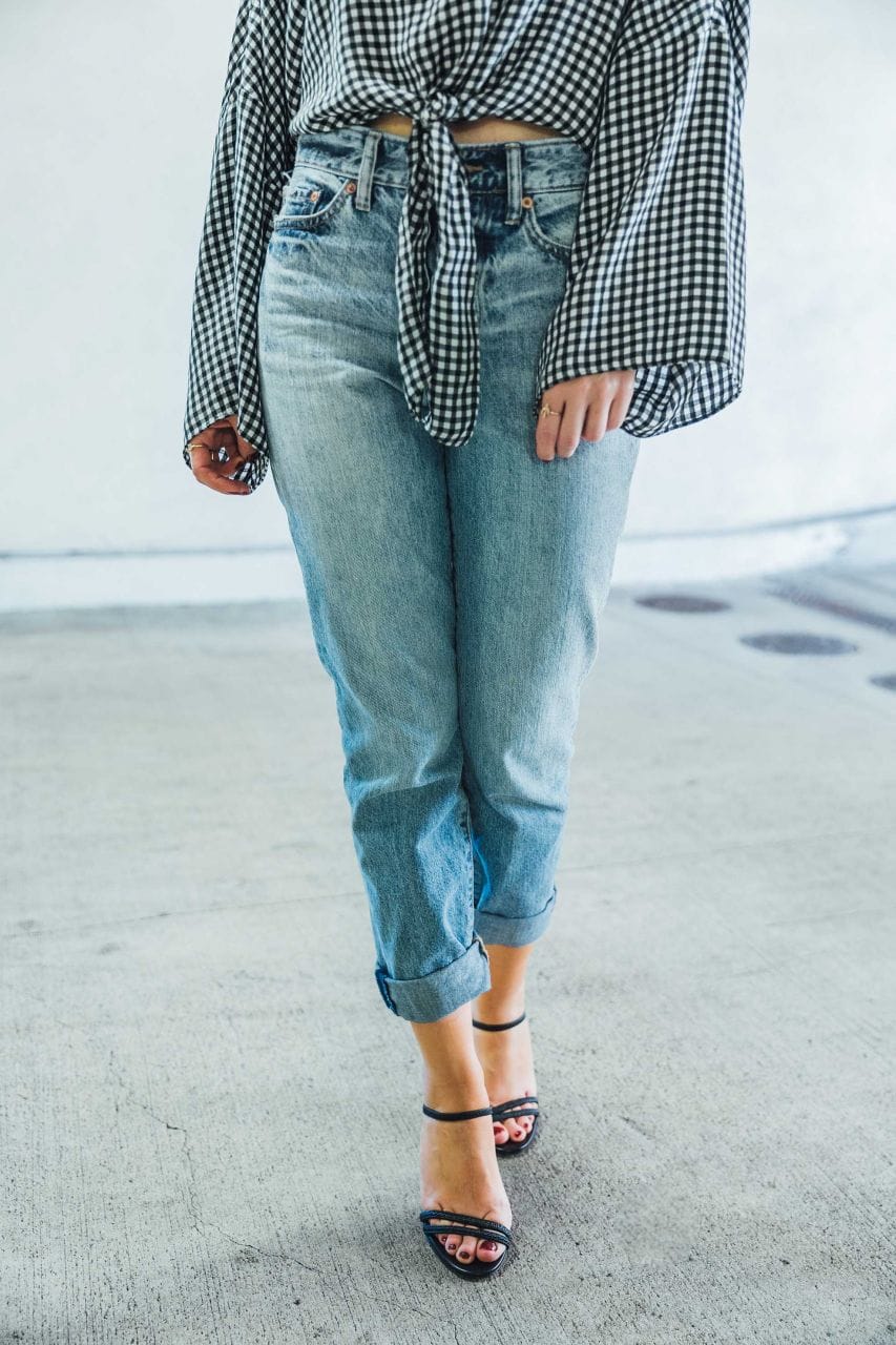 Gingham top and boyfriend jeans