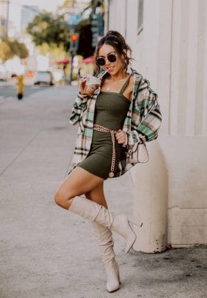 Style with Nihan wearing a plaid Zara jacket and Public Desire knee high boots East Village San Diego